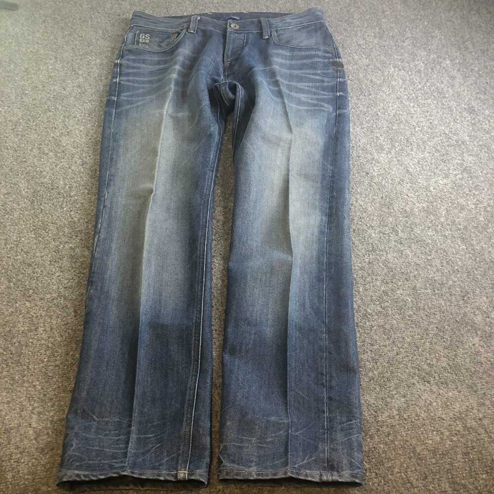 G-Star Raw Jeans Mens 34x31 Blue Pleated Flat Front Button Fly Faded Slim Straig